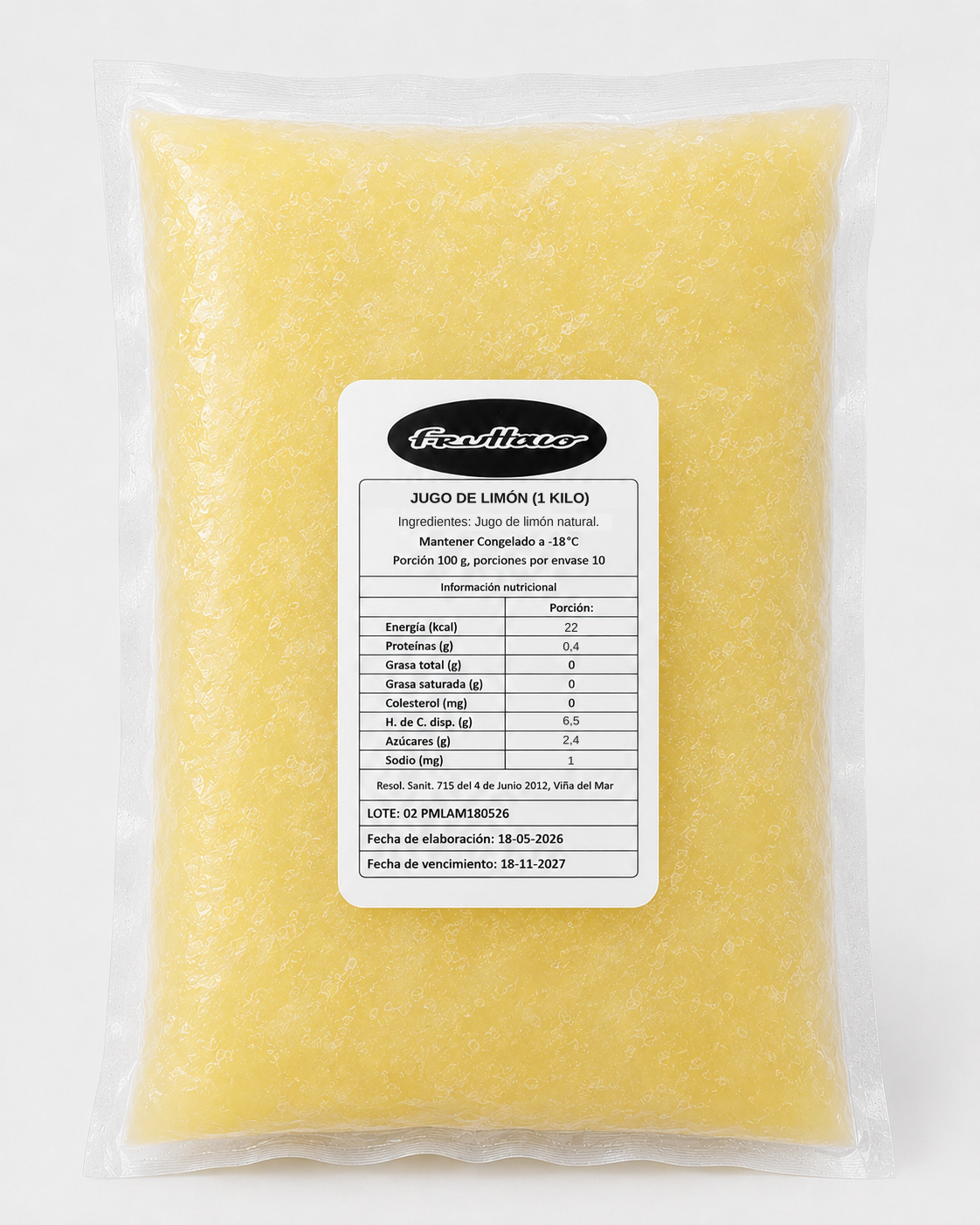 Bolsa de 1 kilo de Jugo de Limón Fruttaio, congelado, 100% jugo de limón natural